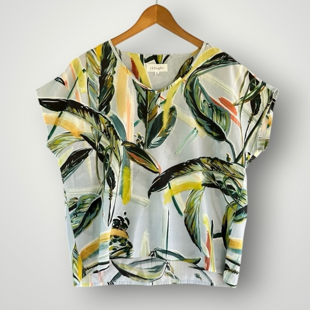 Elbow-Sleeve Tropical Print Blouse - Light Multi